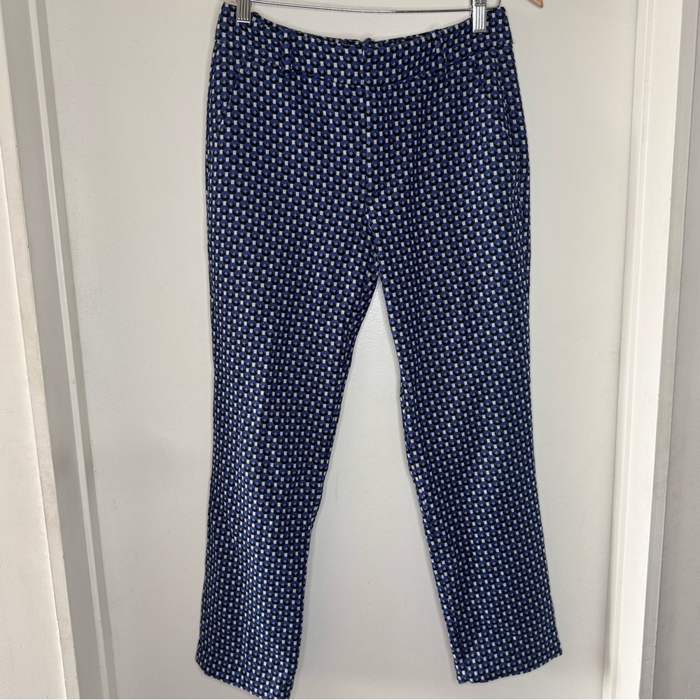 Zara Woven Geometric Print Ankle Straight Pants Blue & Black Women’s 2 Mod Retro